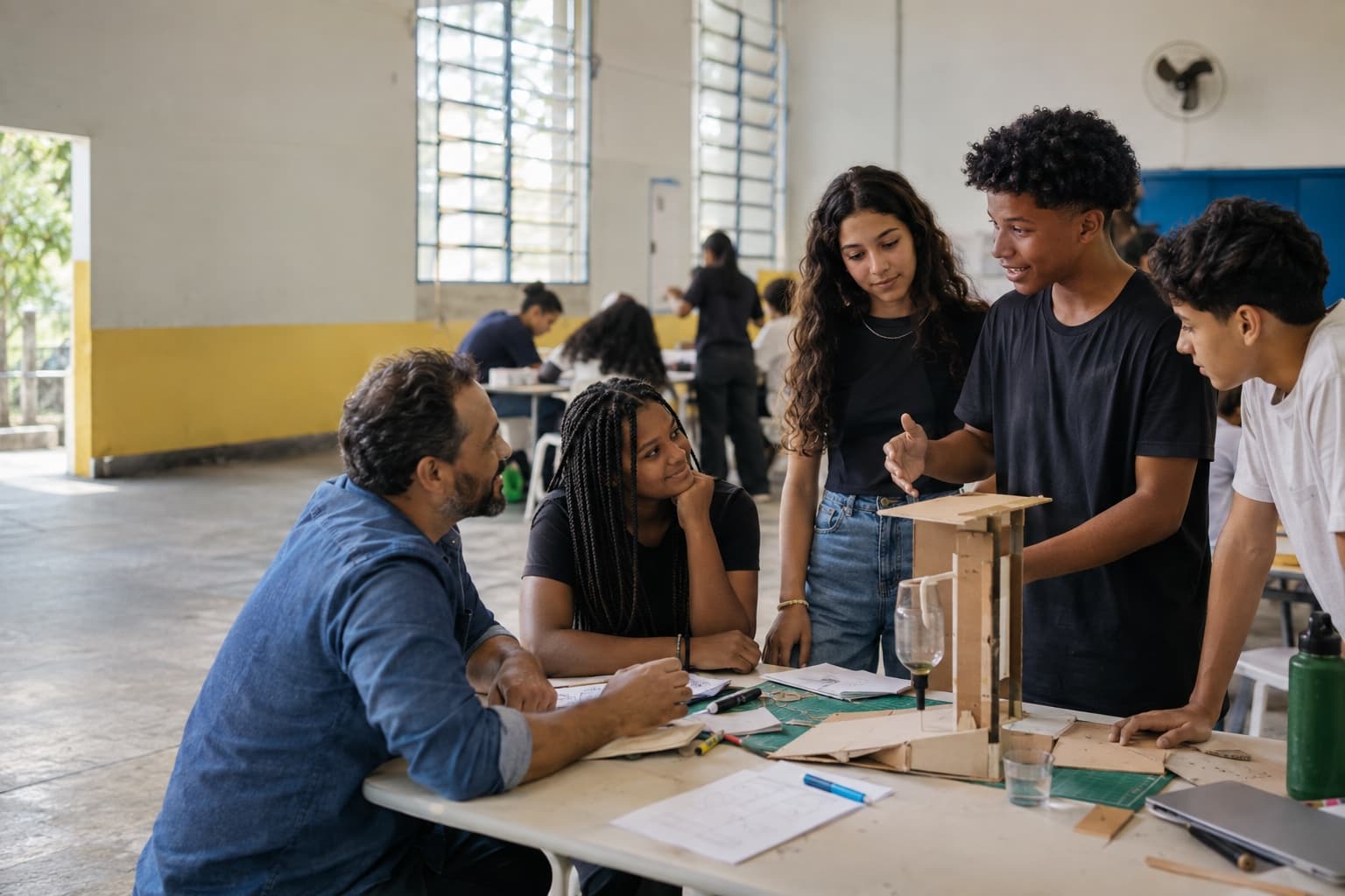 Jovens participando de uma atividade prática da Junior Achievement