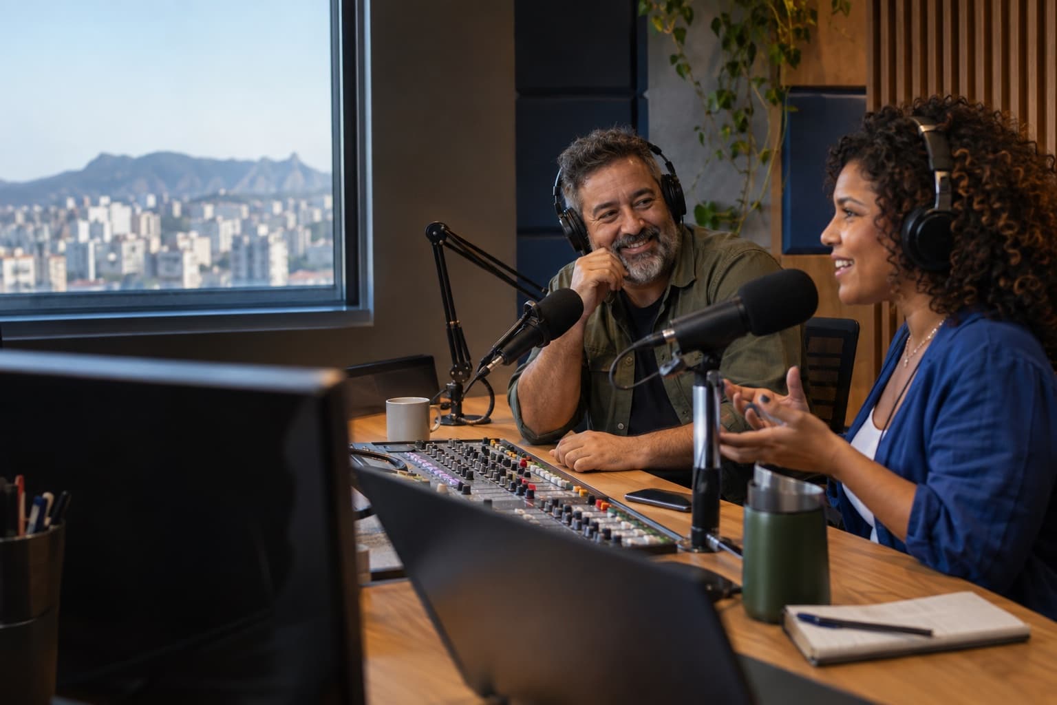 Apresentadores conversam ao microfone em um estúdio de rádio com vista para Belo Horizonte