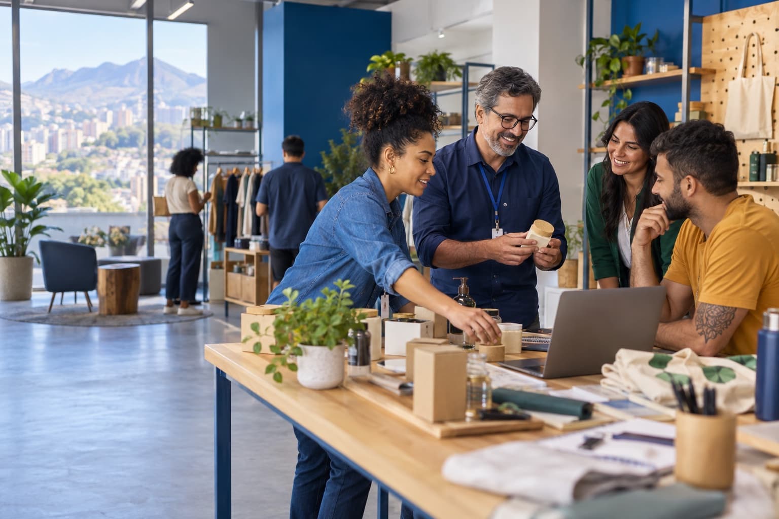 Empreendedores reunidos em torno de uma mesa de trabalho