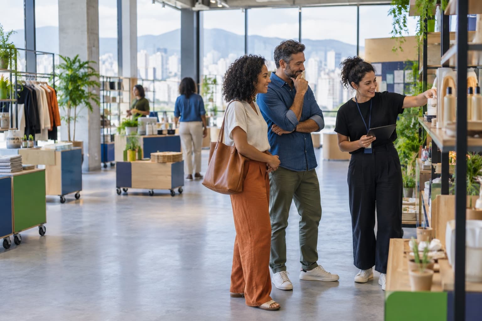 Empreendedores conversam em um ambiente de exposição de produtos